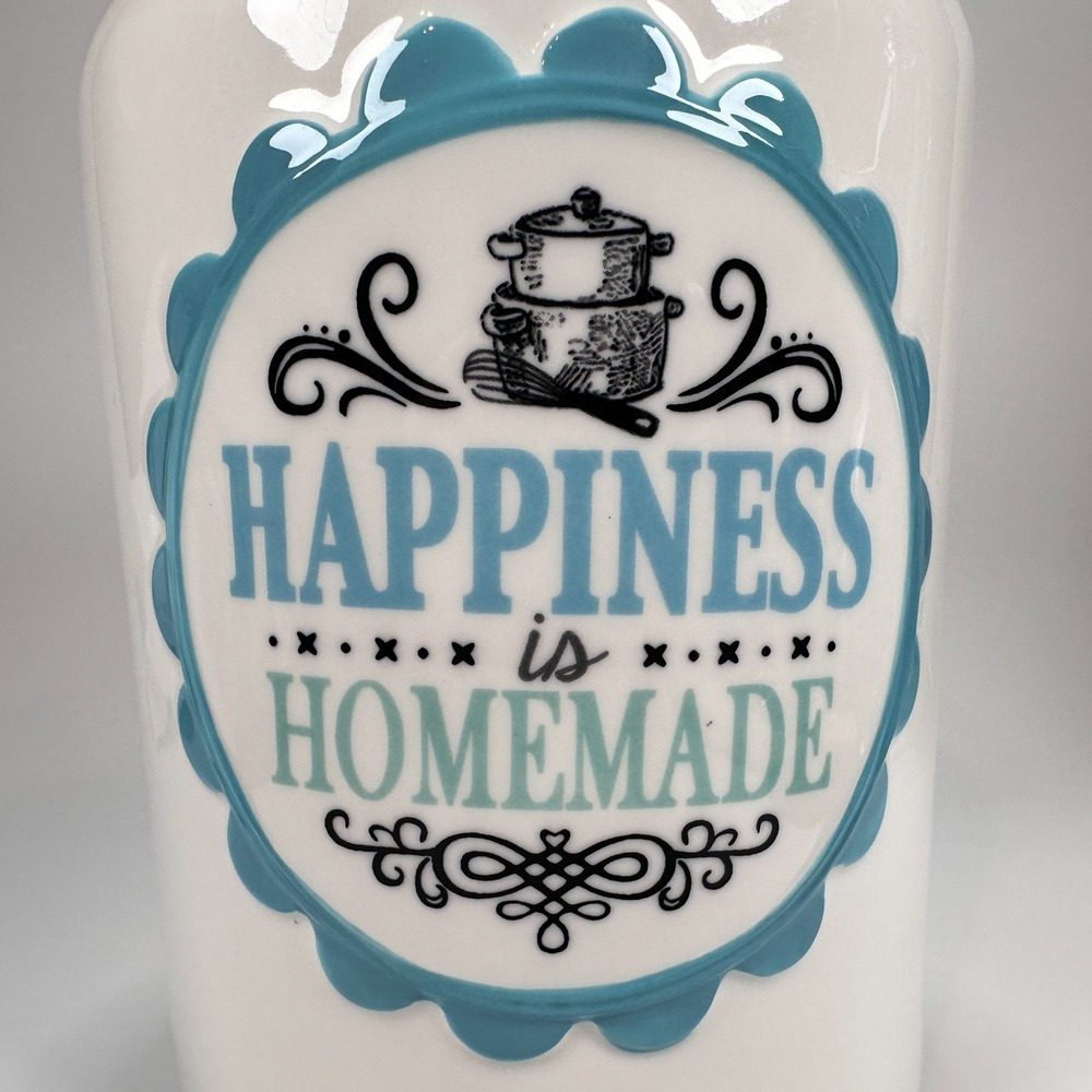 Cracker Barrel Cookie Jar 'Happiness is Homemade' Teal & White 8.5 x5.5" Baking - Picture 2 of 16